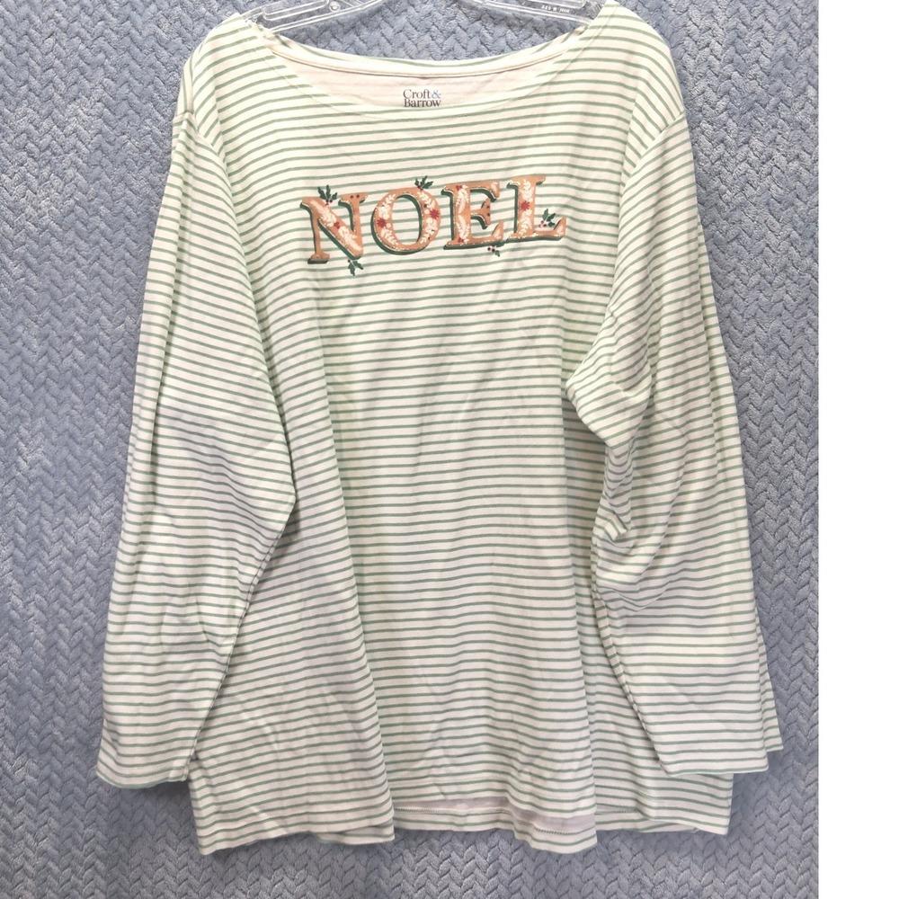 Croft & Barrow Noel Holiday Striped Long Sleeve Tee Green White 3X Plus